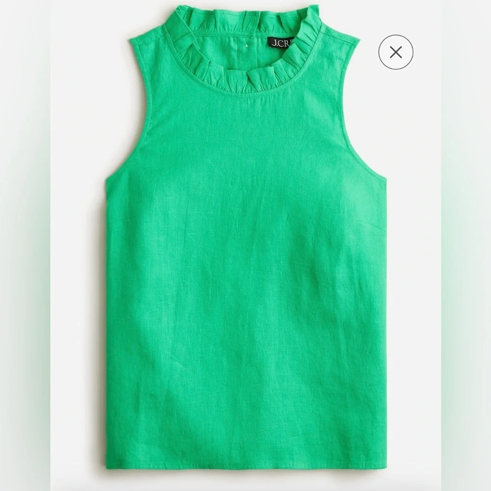 NWT J.Crew Fleur Green 100% Linen Ruffle Tank Top L
